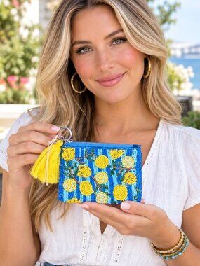 Sol and Mer Beaded Lemon Wristlet Clutch in Blue and Yellow NWT